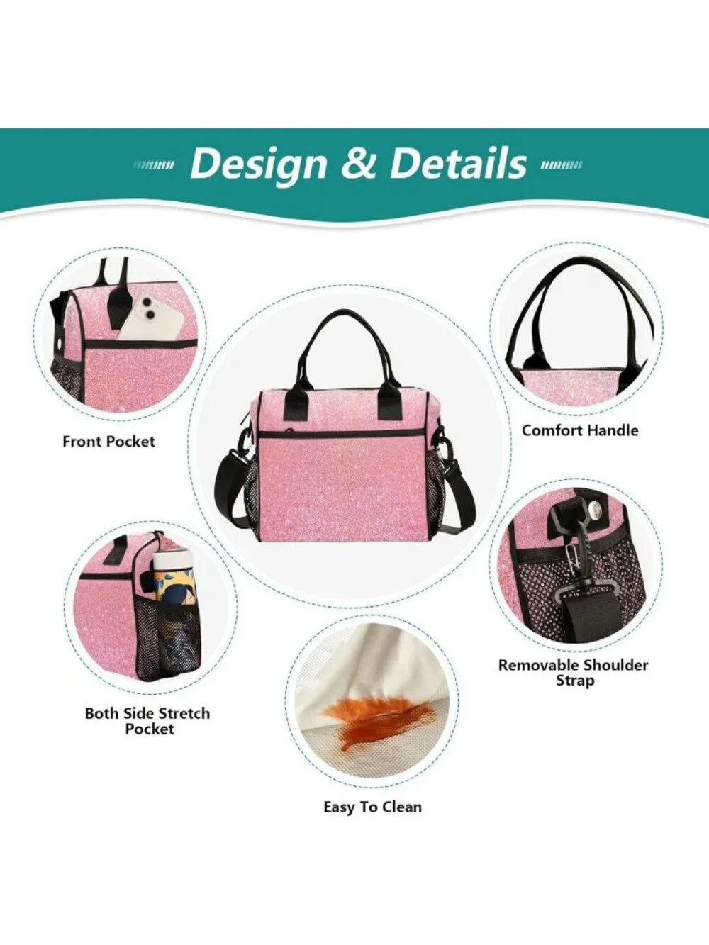 Sparkly Pink Glitter Insulated Lunch Bag for Girls & Women - Stylish School Tote